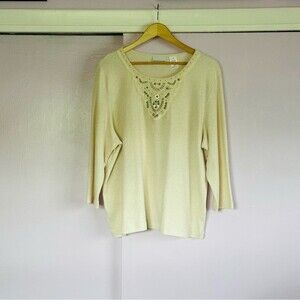 Alfred Dunner Women’s Embellished beads Collar Quarter Sleeve Top Sz XL Tan